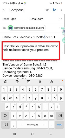 Desribe the problem of COC Bot in the email.jpg